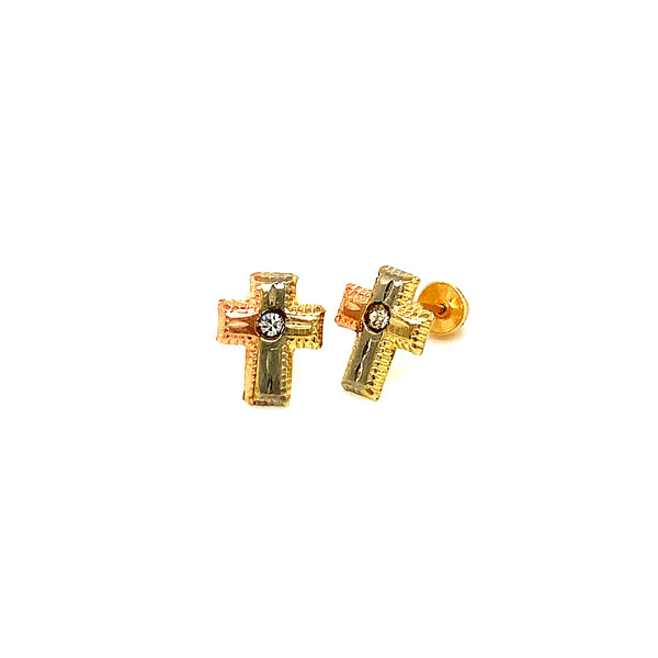 Aretes (cruz) para bebé en oro 3 Tonos 10kt