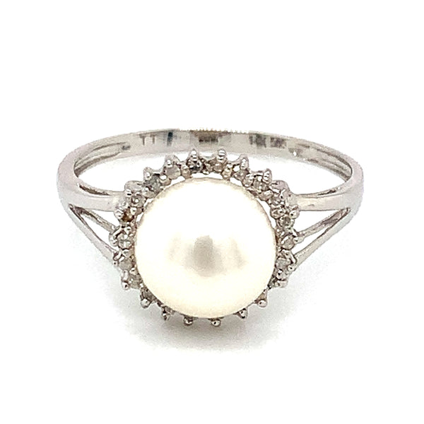 Anillo de perla con diamante en oro blanco 14kt.  ANTES:  $599.00