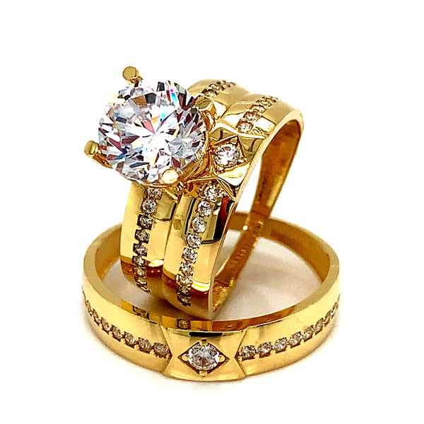 Trío de anillos de matrimonio con circones en oro amarillo 18kt.