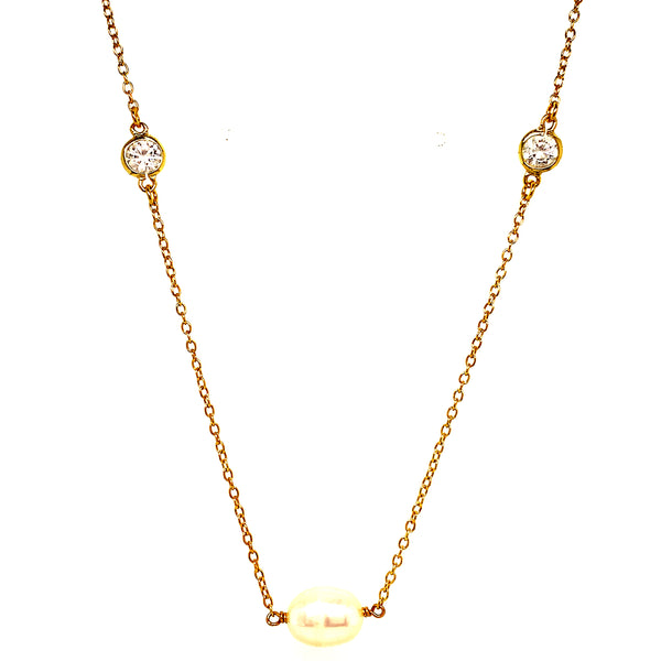 (SWAN) Collar de perlas con circones en plata 925 bañada en oro amarillo. 60cm
