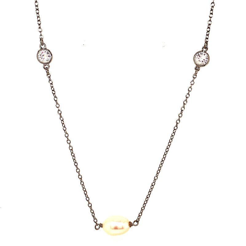 (SWAN) Collar de perlas con circones en plata 925. 60cm