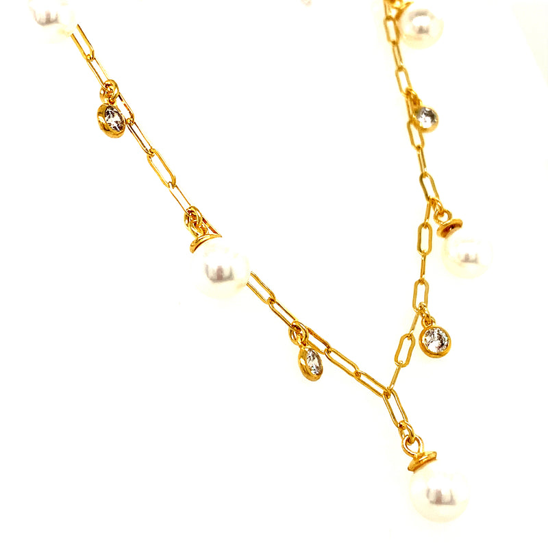 (SWAN) Collar de perlas con circones en plata 925 bañada en oro amarillo. 35cm-40cm