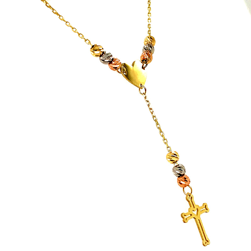 Collar tipo rosario (corazón y cruz) en oro tres tonos 10kt. 45cm