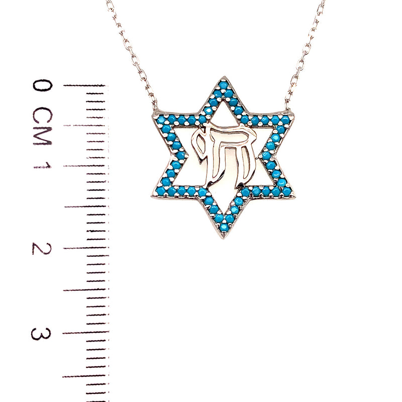 Collar (estrella y chai) con turquesas en plata 925. 45cm