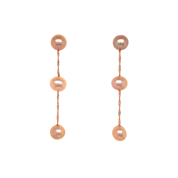 Aretes de perlas rosadas en oro rosado 14kt.