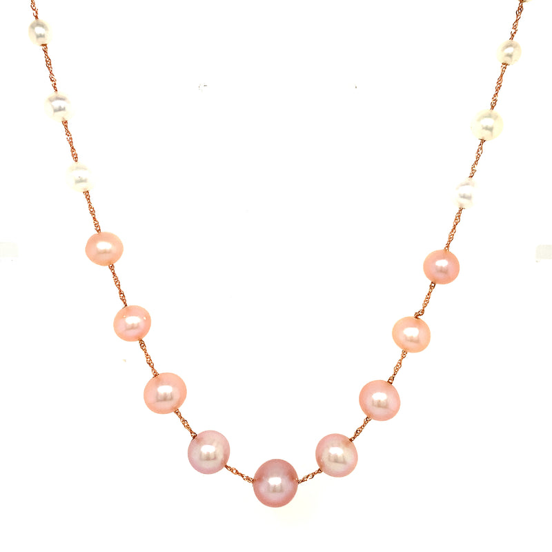 Collar de perlas rosadas y blancas en oro rosado 14kt. 45cm