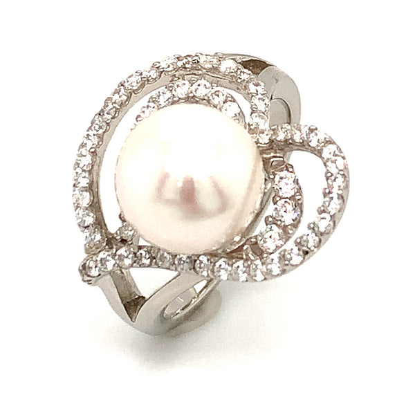 (SWAN) Anillo (corazón) de perla cultivada con circones en plata 925  ANTES:  $118.00