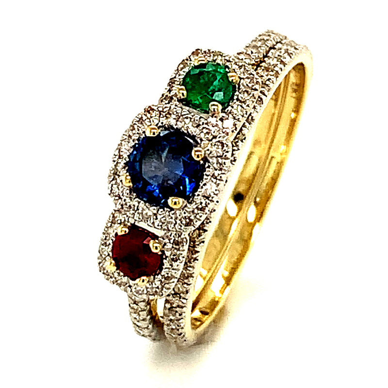(SOFIA) Set de anillos con diamantes, zafiro, rubí y esmeralda en oro amarillo 10kt.