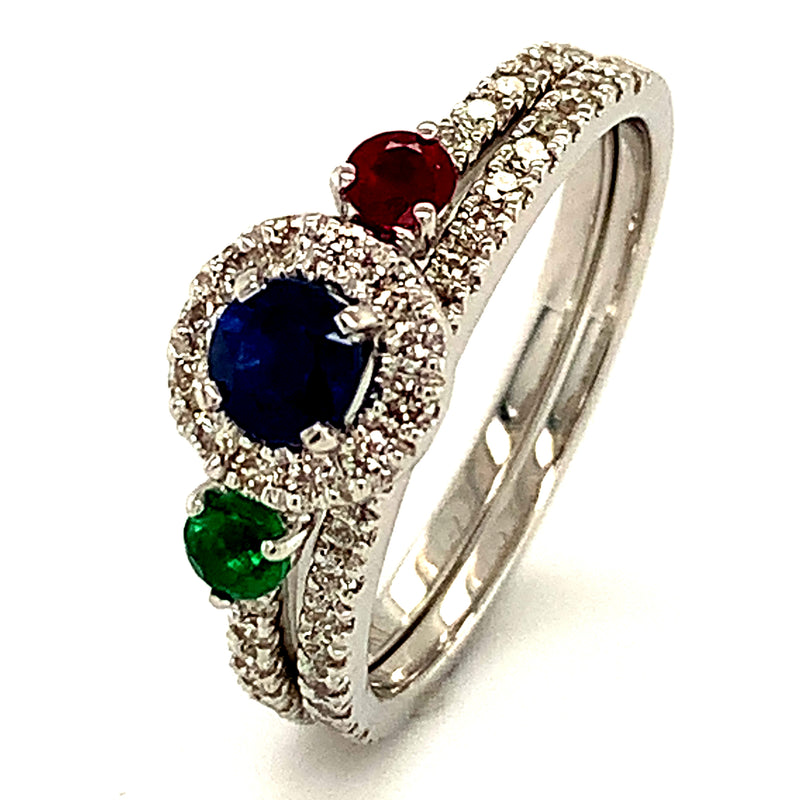 (SOFIA) Set de anillos con diamantes, zafiro, rubí y esmeralda en oro blanco 10kt.