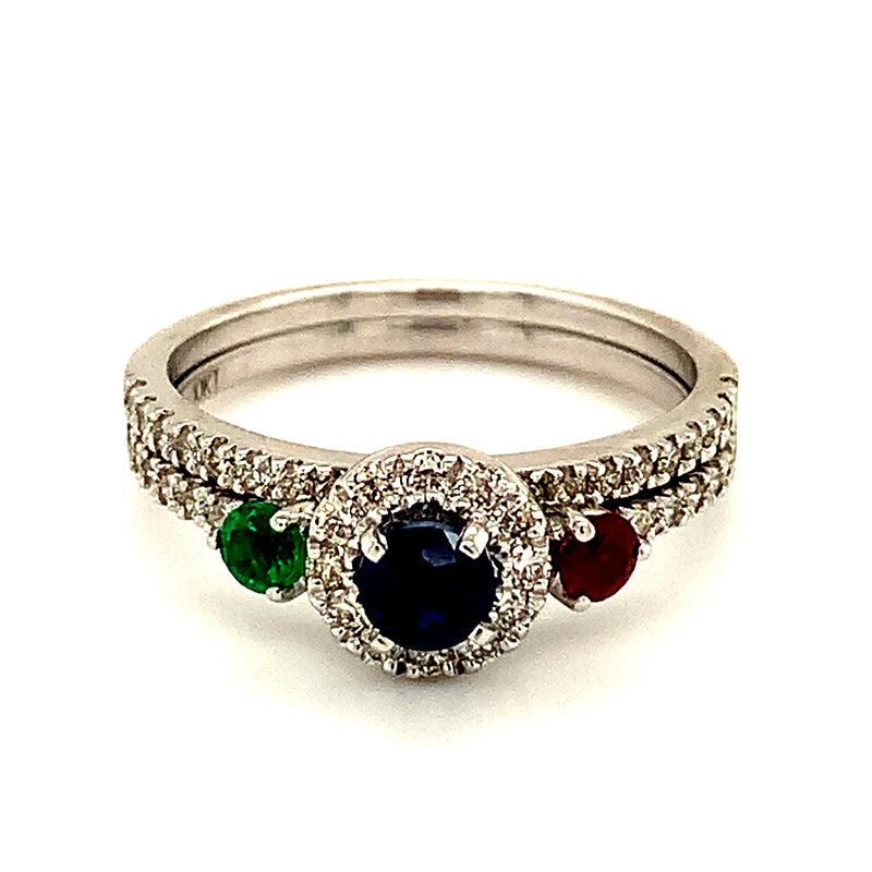 (SOFIA) Set de anillos con diamantes, zafiro, rubí y esmeralda en oro blanco 10kt.