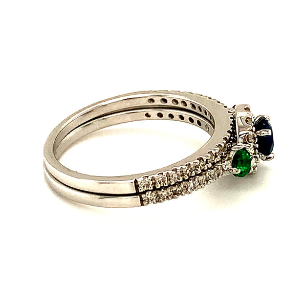 (SOFIA) Set de anillos con diamantes, zafiro, rubí y esmeralda en oro blanco 10kt.  ANTES: $899.00