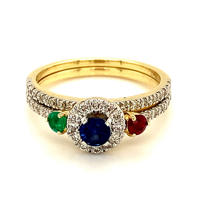 (SOFIA) Set de anillos con diamantes, zafiro, rubí y esmeralda en oro amarillo 10kt.