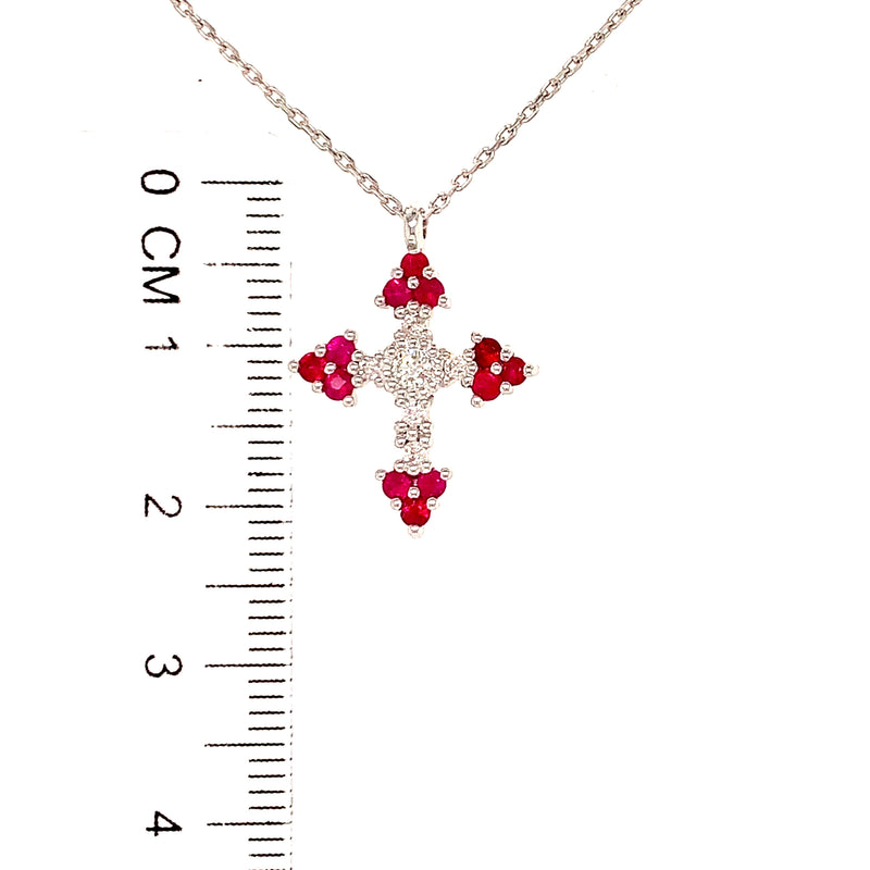 Collar (cruz) de rubíes con diamantes en oro blanco 18k