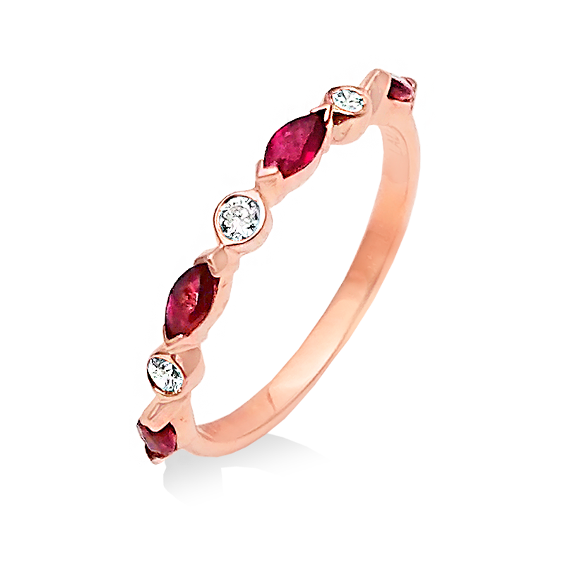 Anillo de rubíes con diamantes en oro rosado 14kt.